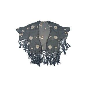 Hagel Sz L Gray Chiffon Open Front Cover Up Top Floral Kimono Tasseled